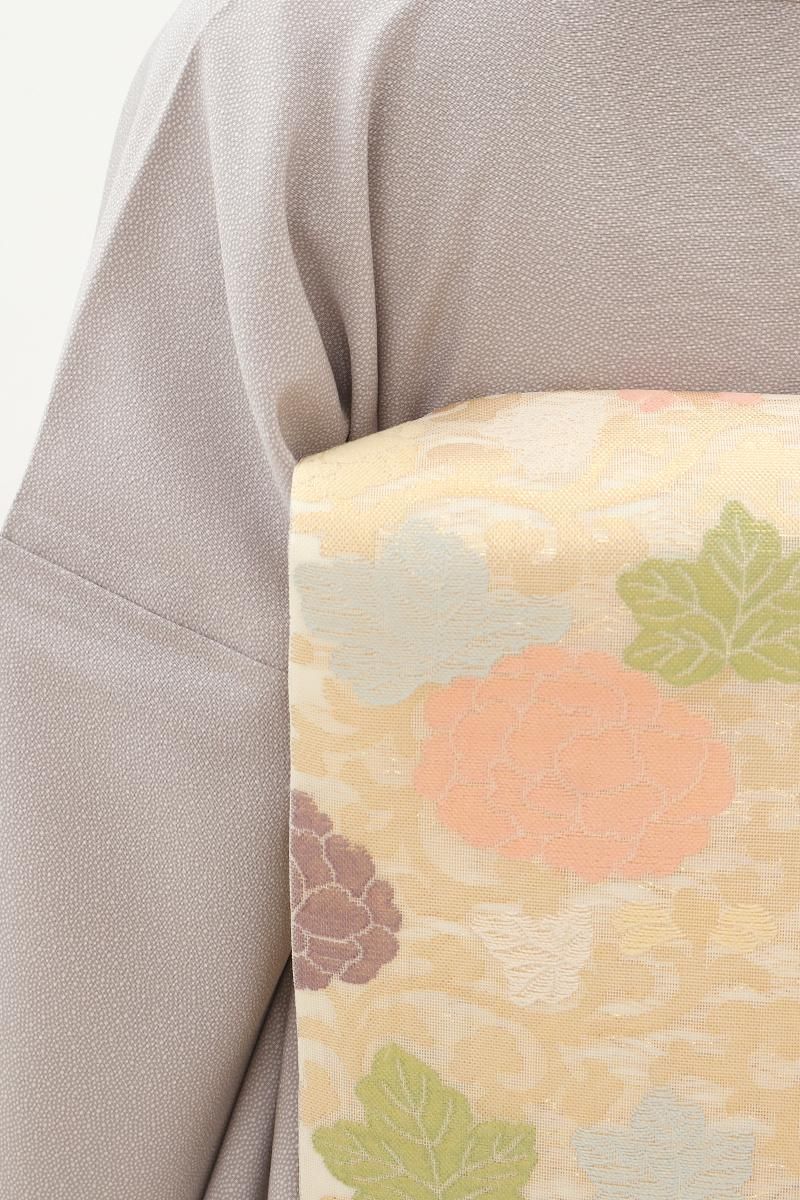 銀座【L-8171】西陣 河合美術織物製織物製 紗 袋帯 乳白色 牡丹