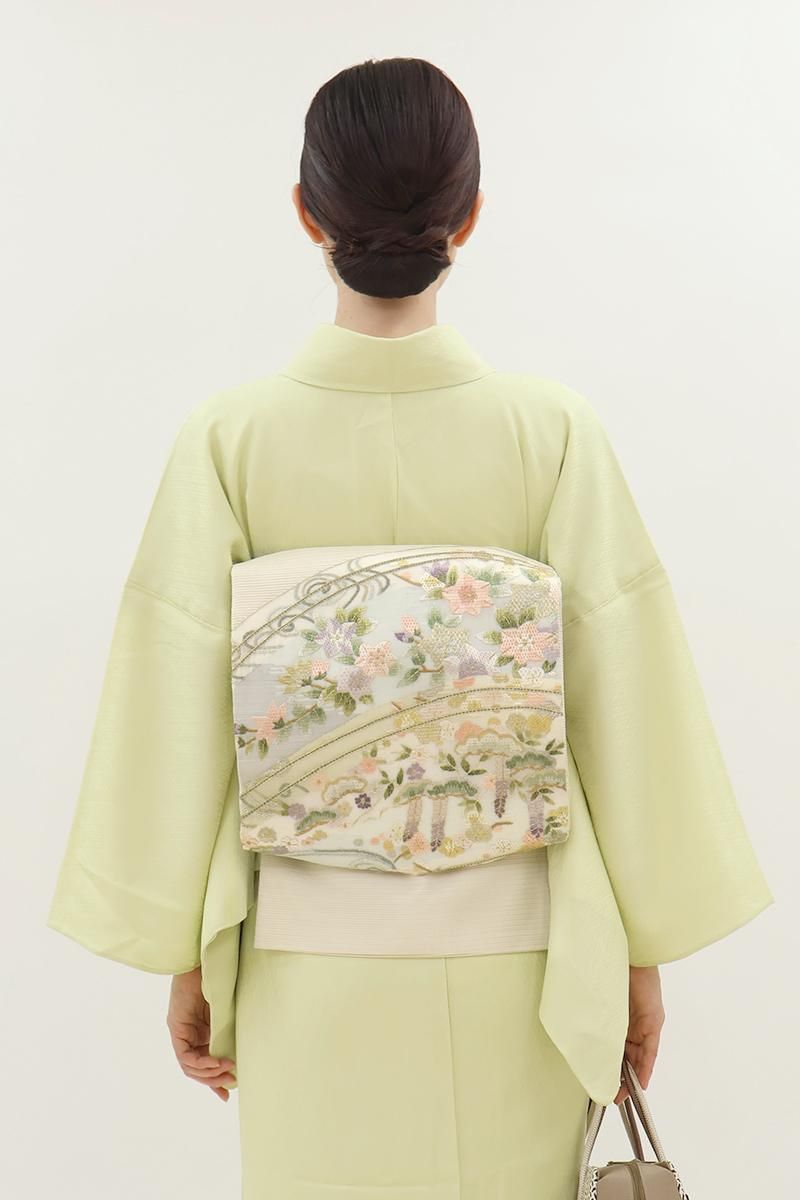 銀座【L-8165】絽 絽刺し 袋帯 淡い象牙色 四季花文 - 銀座 銀座【L-8165】絽 絽刺し 袋帯 淡い象牙色 四季花文 - 銀座