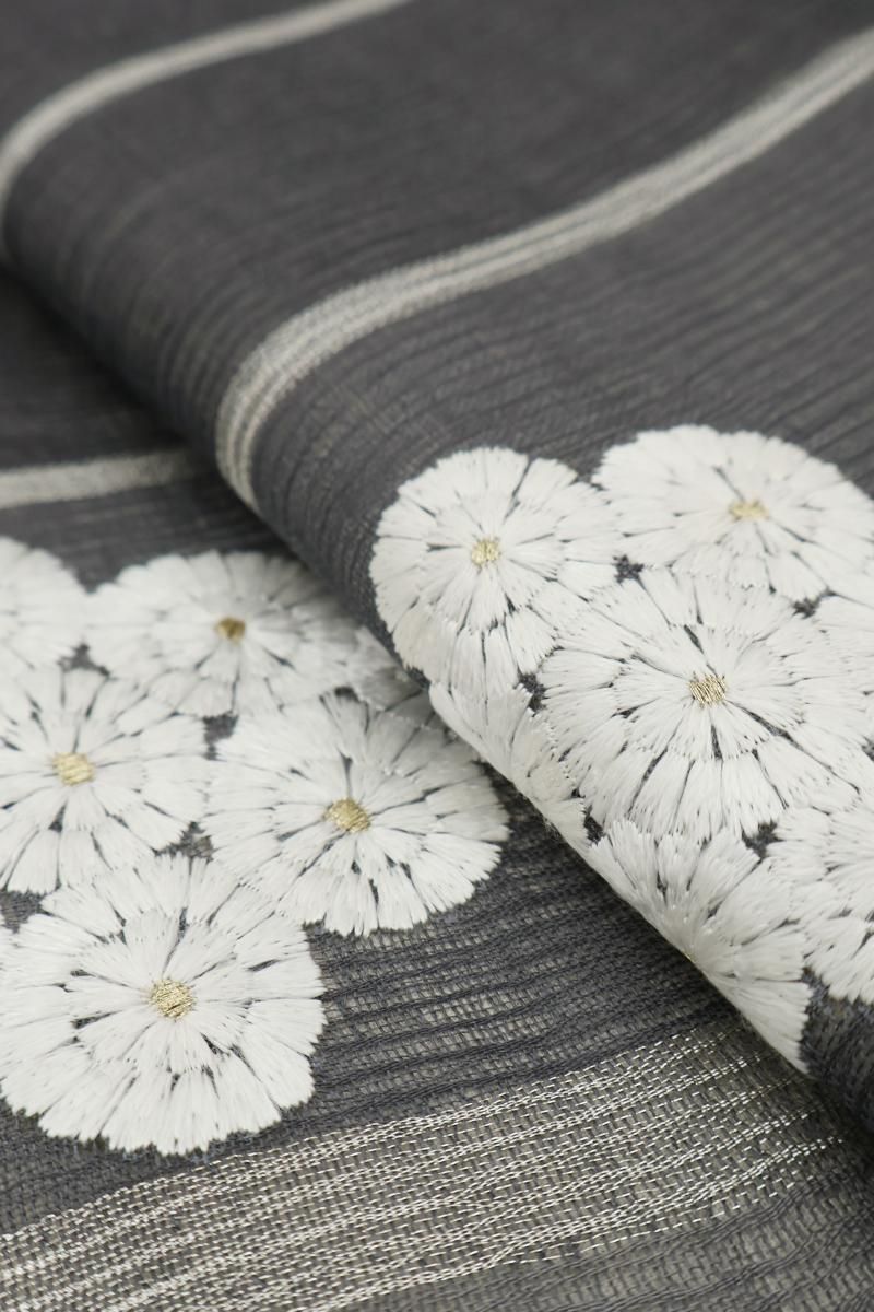 銀座【H-0447】夏 刺繍 開き名古屋帯 素鼠色 縞に花文 - 銀座