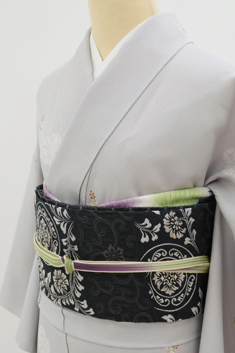 銀座【H-0456】西陣製 夏 織名古屋帯 黒紫色 唐花や華文など