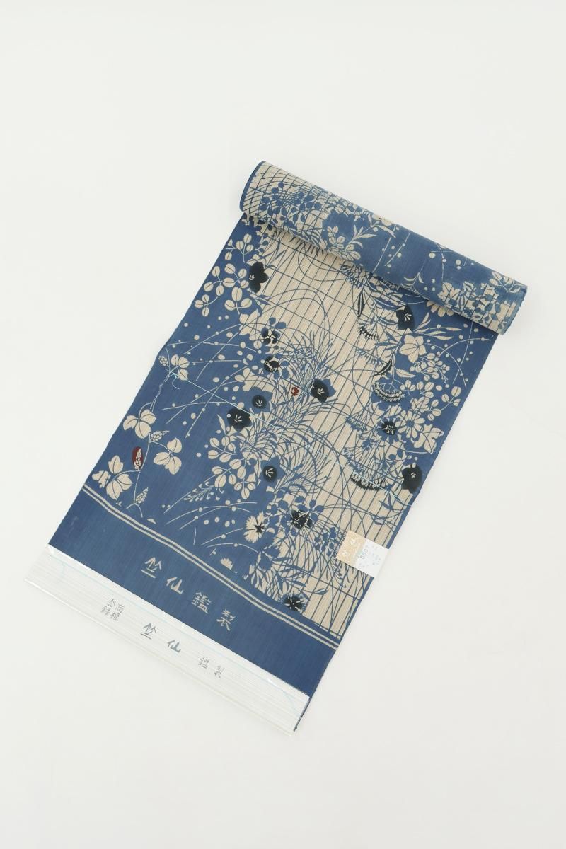 銀座【D-3773】竺仙製 奥州小紋 着尺反物 淡い白茶色×紺青色