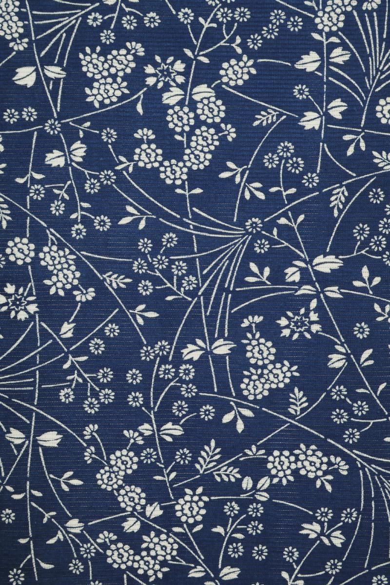 銀座【D-3787】初山一之助作 長板中形藍染 綿絽 浴衣 紺青色 花の図