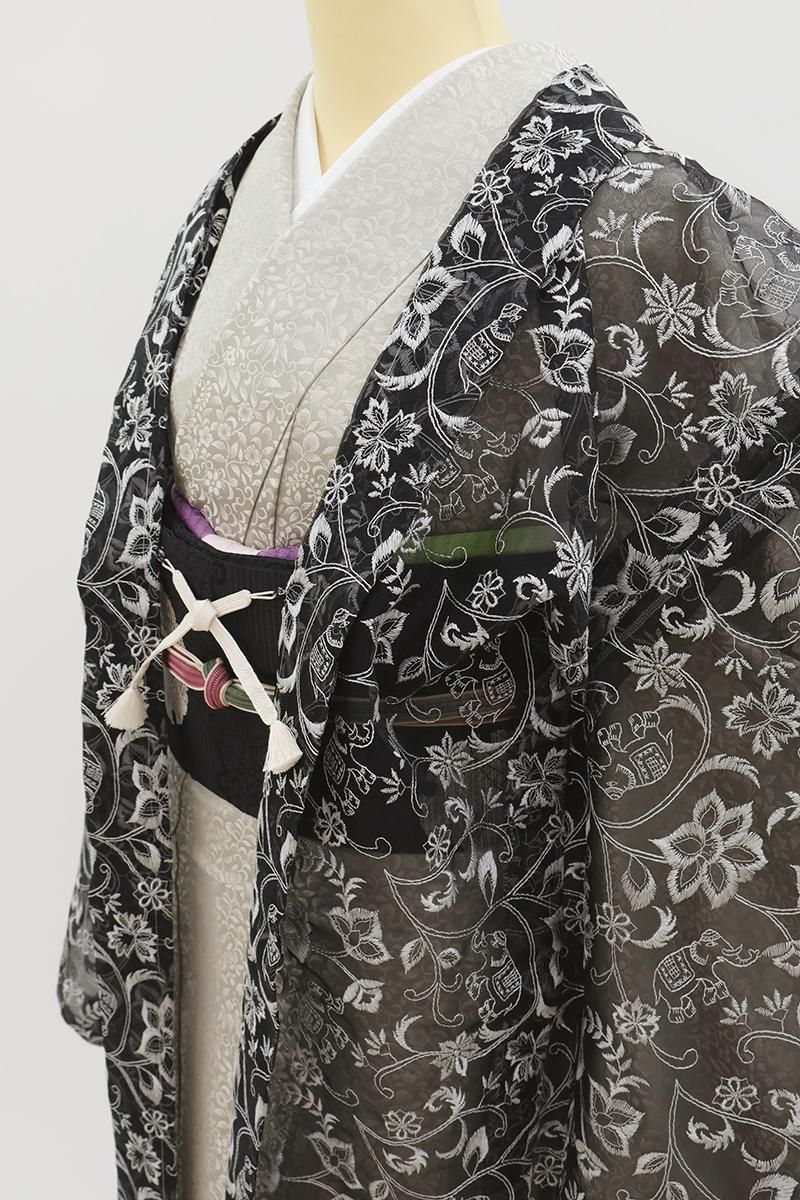 銀座【E-2247】岡重製 シルクオーガンジー 刺繍 羽織 黒色 更紗