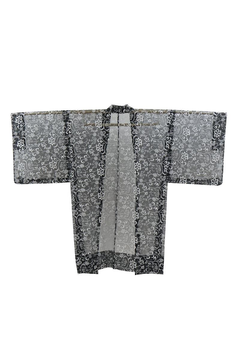 銀座【E-2247】岡重製 シルクオーガンジー 刺繍 羽織 黒色 更紗