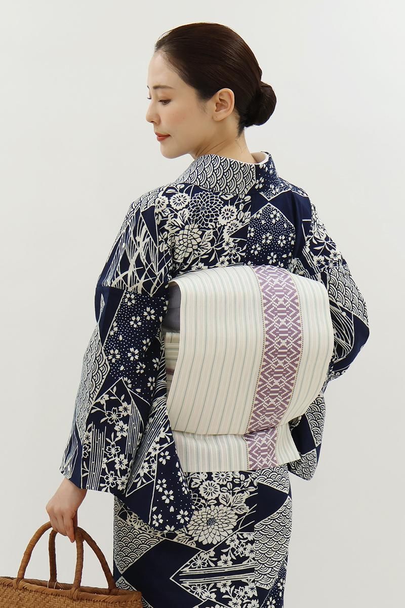 アンティーク 名古屋帯 銀彩 鳥 花模様 リーフ 絽 着物 033a d