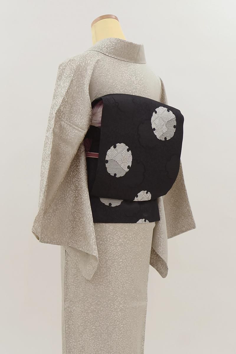 銀座【H-0478】西陣製 夏 織名古屋帯 黒色 雪輪文（証紙付
