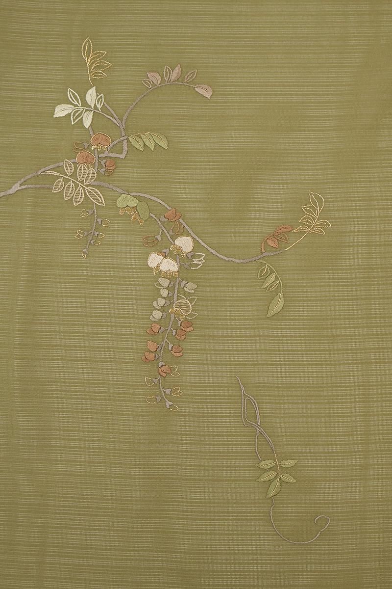 銀座【B-4117】変わり絽 蘇州刺繍 付下げ 鶸茶色 藤の図（反端付