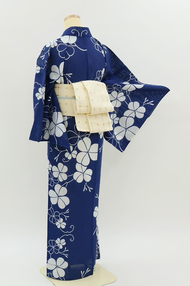 銀座【D-3789】綿絽 浴衣 紺青色 片喰文 :身丈158.5/裄68 - 銀座きもの