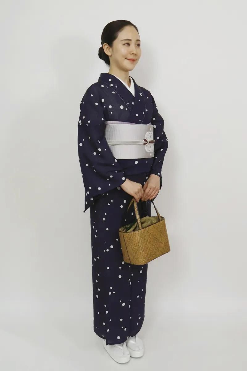 は自分にプチご褒美を 銀座【D-3523-4】絽 小紋 水玉文（反端付）（N）:身丈 青色系 着物・浴衣