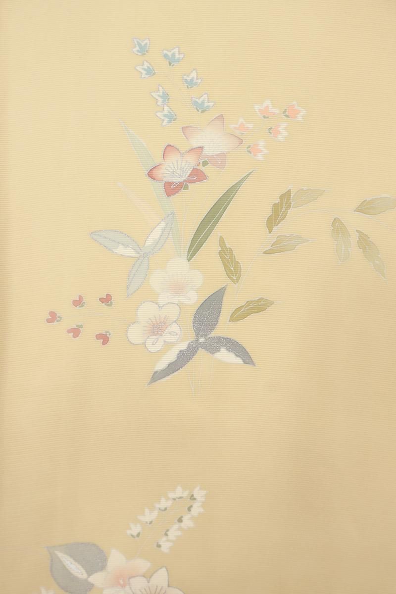 k...♪作家物　袷着物 花柄 落款有　クリーム色 訪問着 12HY47 訪問着 着物 袷 ANTEPRIMA 作家物 薄オレンジ 花古典柄 銀彩加工