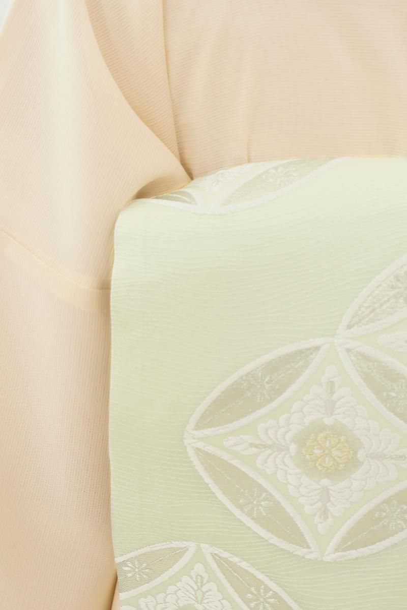 銀座【L-8220】西陣製 袋帯 淡い白緑色 七宝花菱文（証紙付・単衣向け