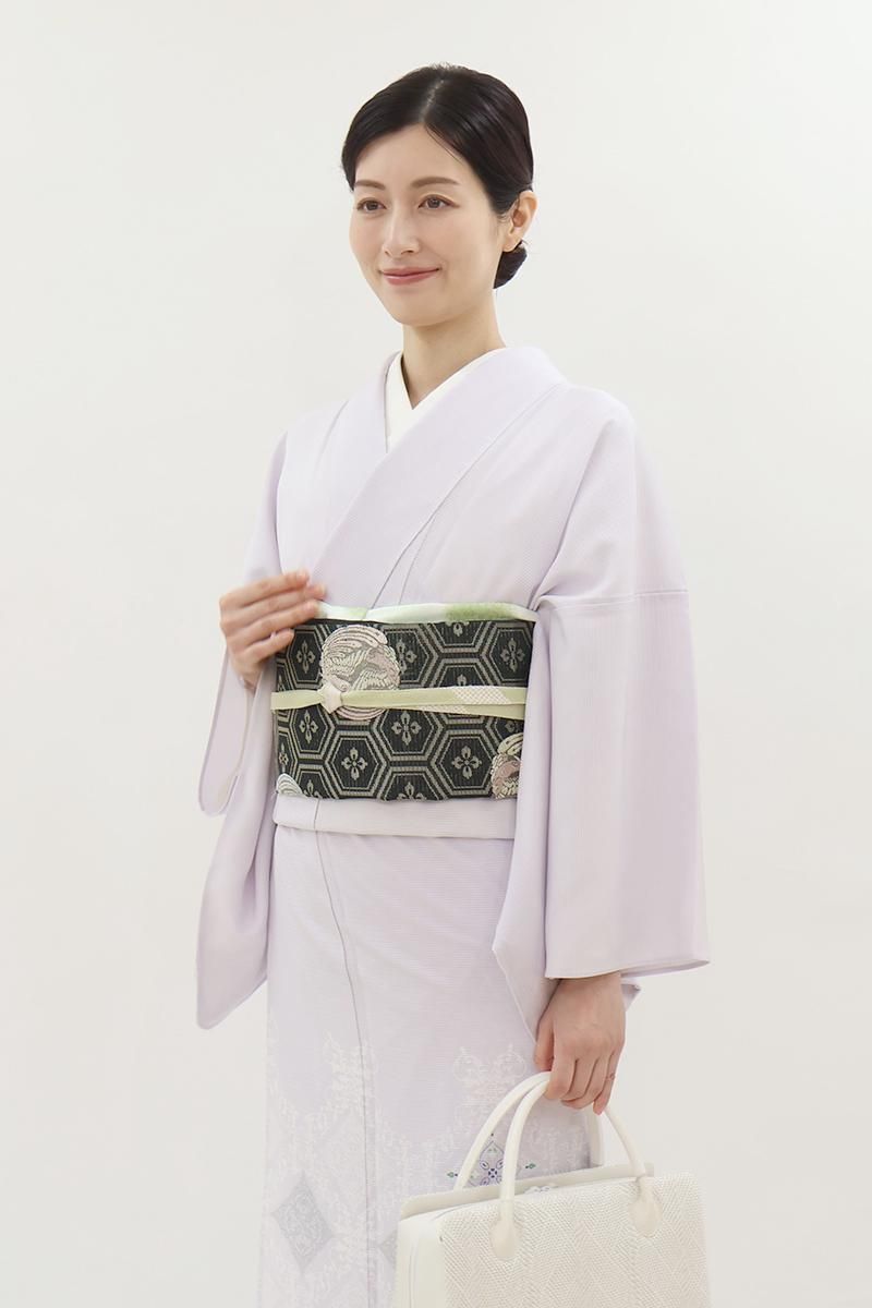完璧わいふによる 黒色 袋帯 銀座【L-8224】絽 亀甲花菱に向かい鳳凰文 銀座 - 靴
