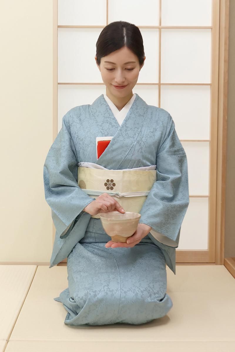 銀座【C-3181】紋紗 色無地 朝縹色 花唐草の地紋 :身丈162.5/裄