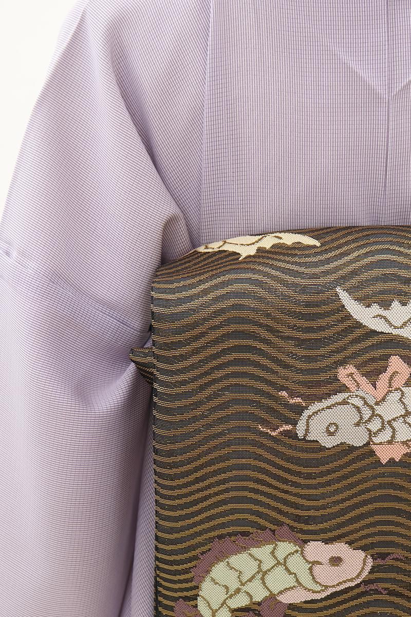 銀座【L-8215】西陣 河合美術織物製 紗 袋帯 黒色×金色 荒磯文