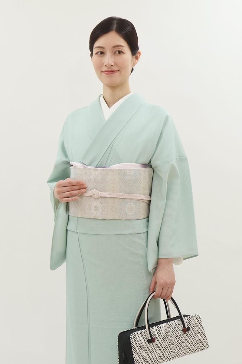 銀座【L-8216】紗 袋帯 銀鼠色 斜め格子に花文 - 銀座きもの青木