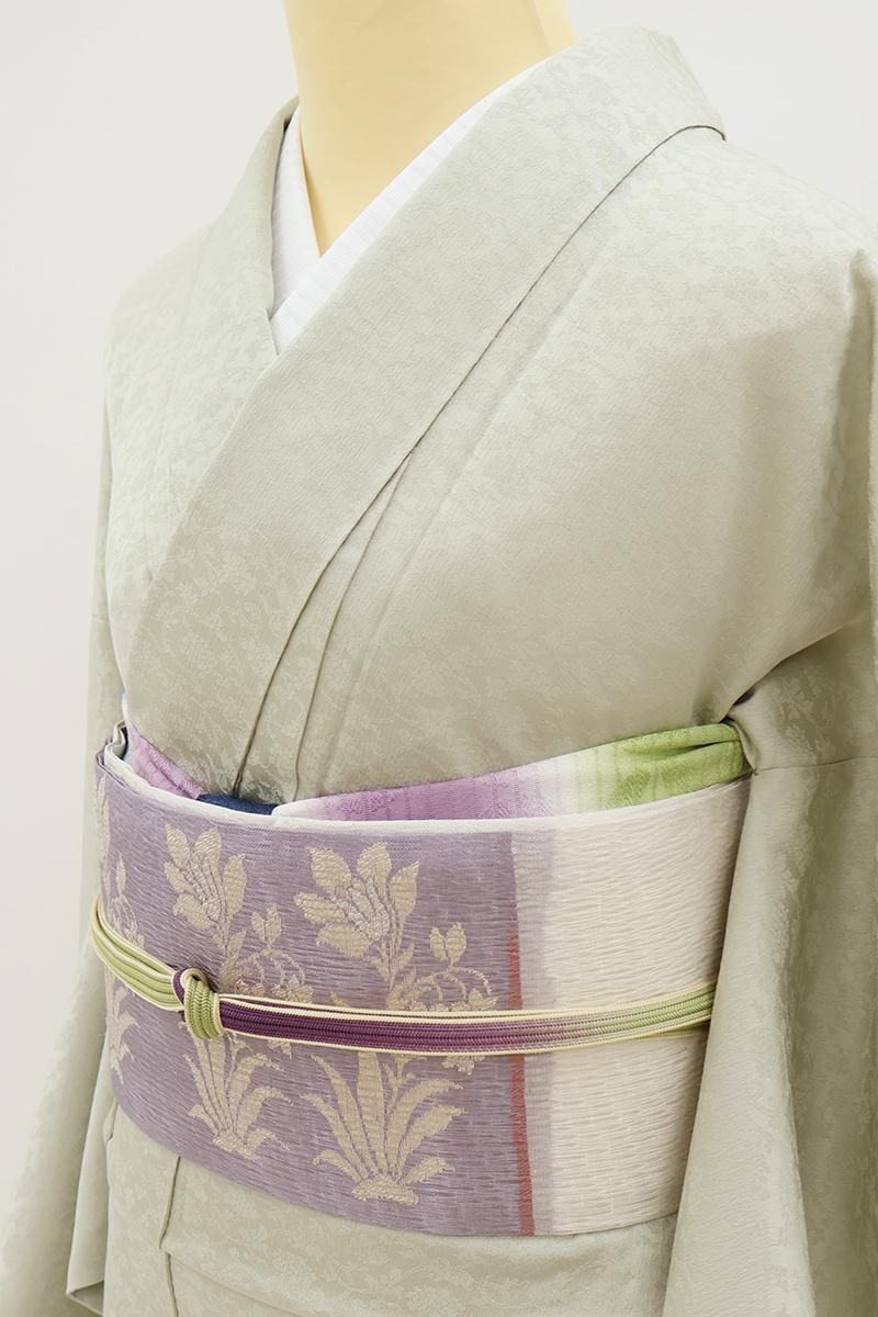 銀座【H-0517】夏 織名古屋帯 白色 横段に名物裂文 - 銀座きもの