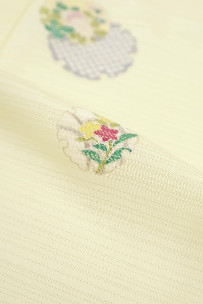 銀座【D-3807】変わり絽 小紋 淡い黄水仙色 雪輪に四季花文（反端付