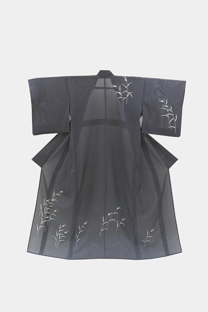 あおき【B-4130】絽 付下げ 紺鼠色 稲穂の図 :身丈159/裄68.5 - 銀座