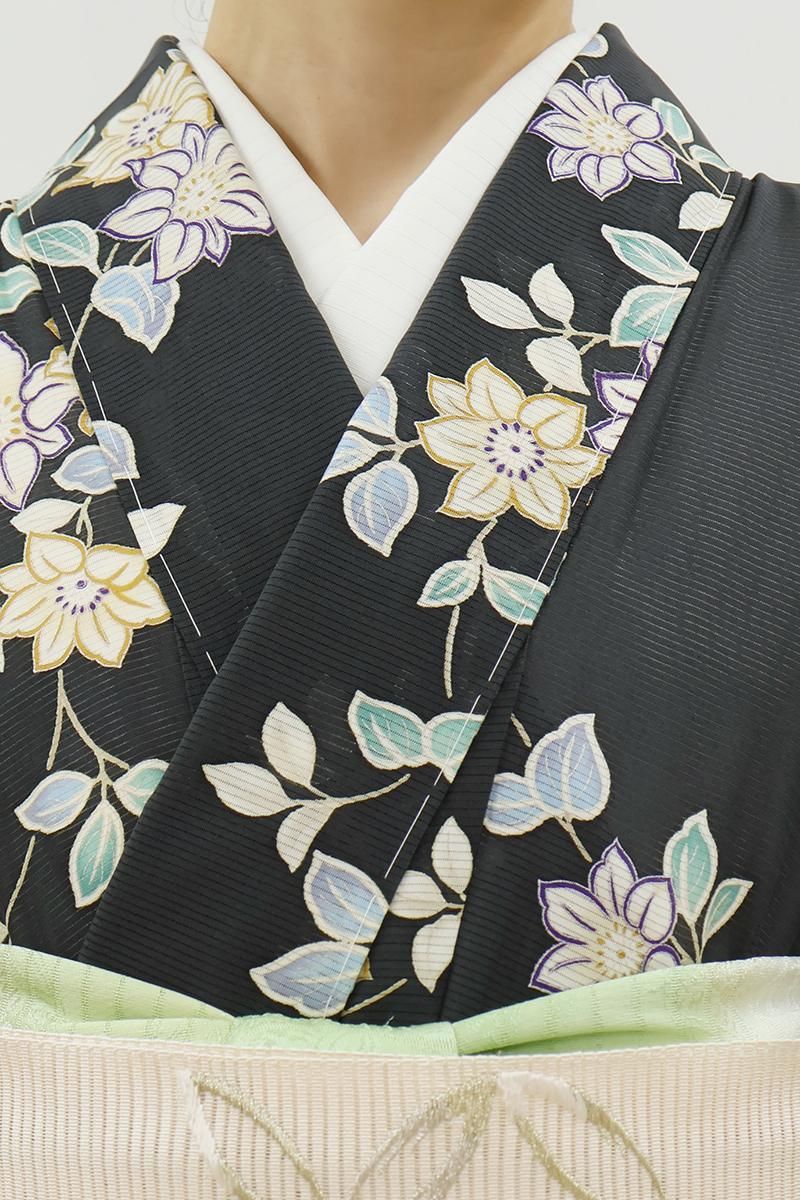 銀座【D-3811】京摺り友禅 岡本澄生作 絽 小紋 青鈍色 鉄線の図（反端