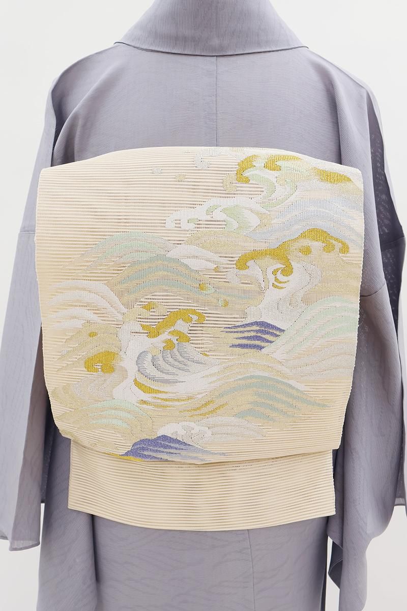 新品・仕立て上がり】袋帯 白 ベージュ 薄い緑 全通