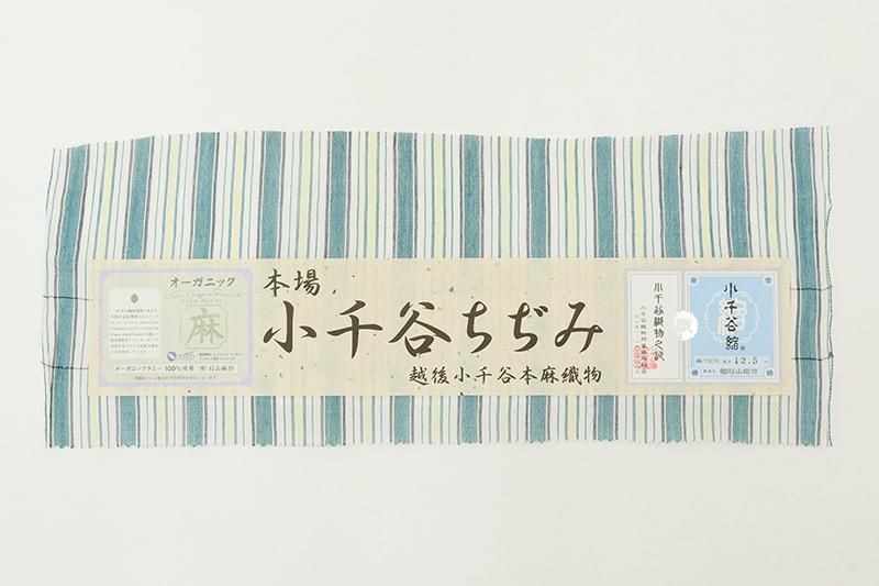 銀座【A-4091】本場小千谷縮 ターコイズグリーン色×白色 竪縞