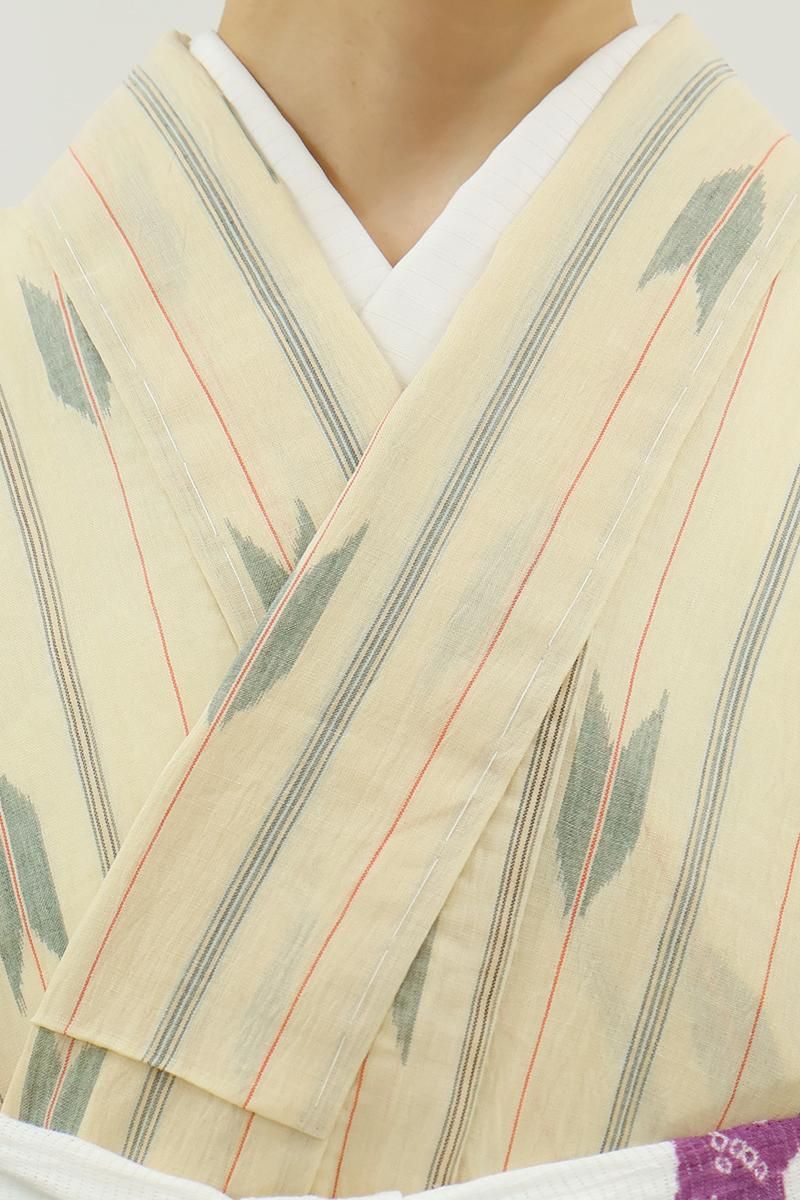 銀座【A-4096】本場小千谷縮 クリーム色 竪縞に矢絣文（反端付） :身丈