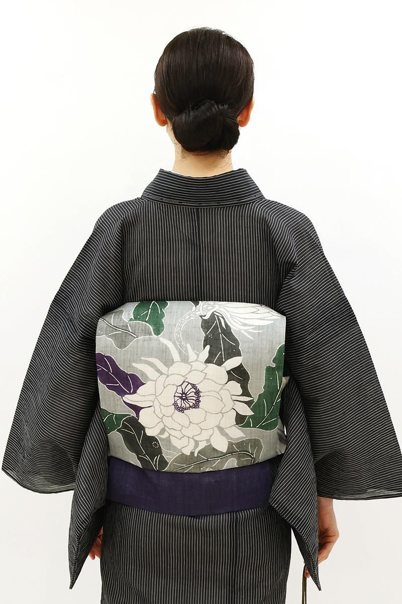 403mn66◆銀座きしや取扱い 染名古屋帯 ちりめん 更紗 バティック◆美品 銀座【H-0773】栗山工房製 縮緬地 型染 名古屋帯 多彩 雲に四季