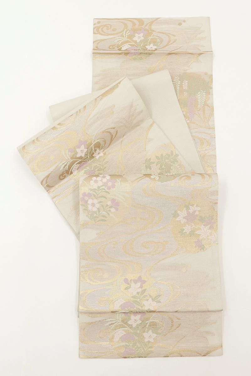 銀座【L-8258】西陣製 絽 袋帯 灰白色 流水に雪輪文（証紙付） - 銀座