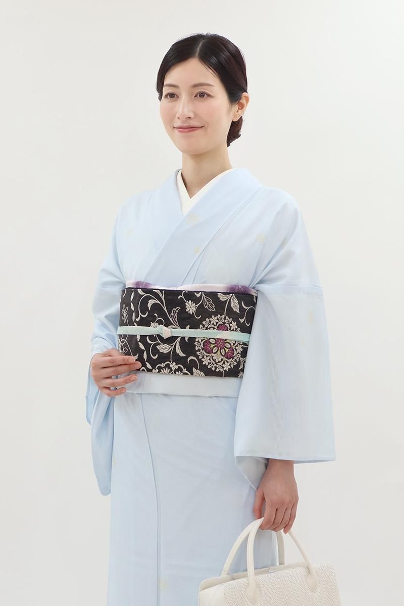 銀座【H-0527】西陣製 夏 織名古屋帯 深い憲法色 花唐草文（証紙