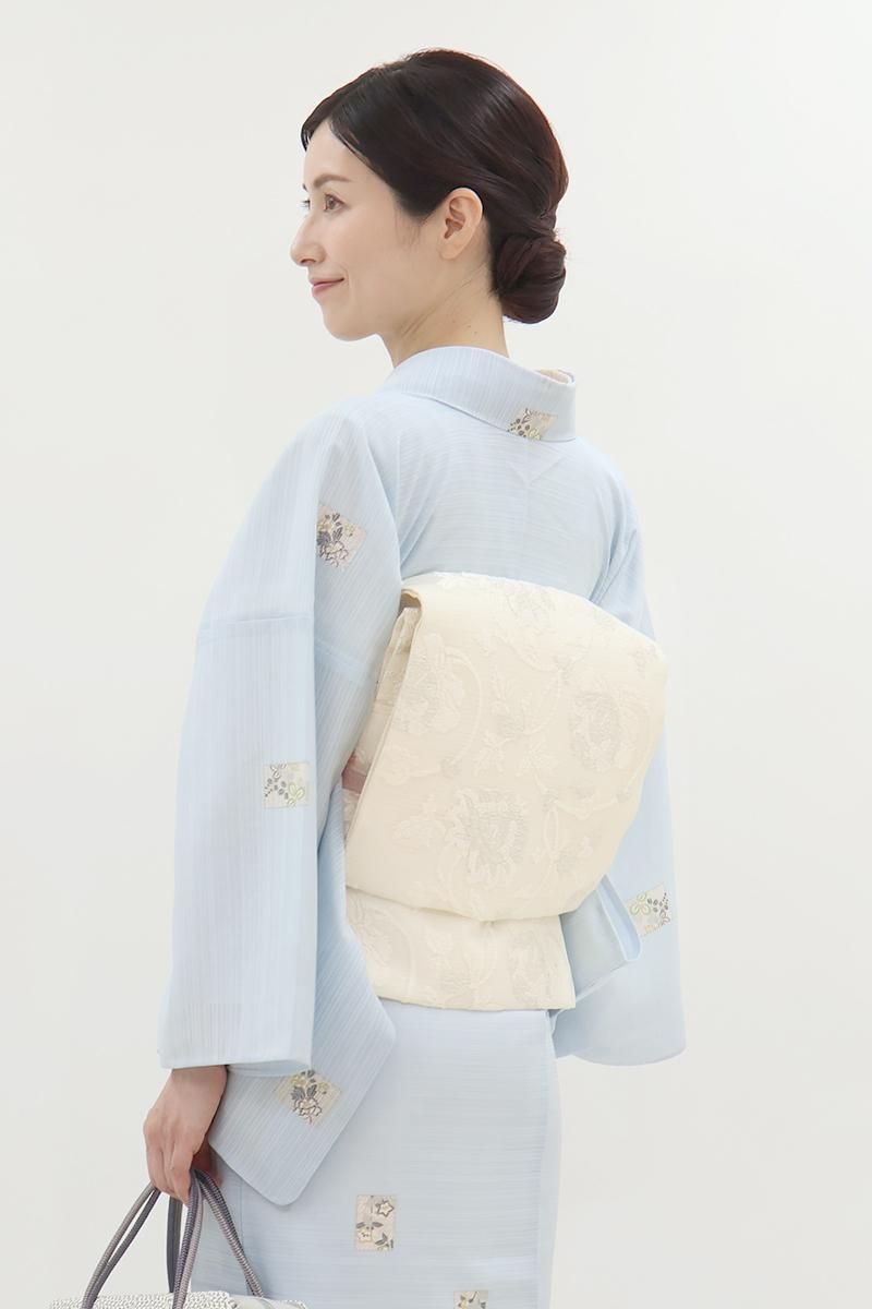 銀座【L-8238】西陣 洛陽織物製 絽 袋帯 白色 牡丹唐草文（落款