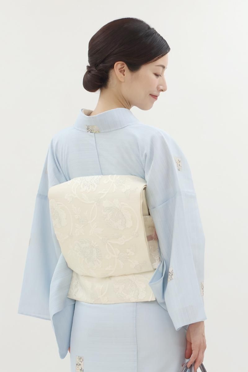 袋帯 洛中扇面重文 四季の花模様 鳥 銀色 金銀糸 O-4845 袋帯 洛中扇面重文 四季の花模様 鳥 銀色 金銀糸 O-4845
