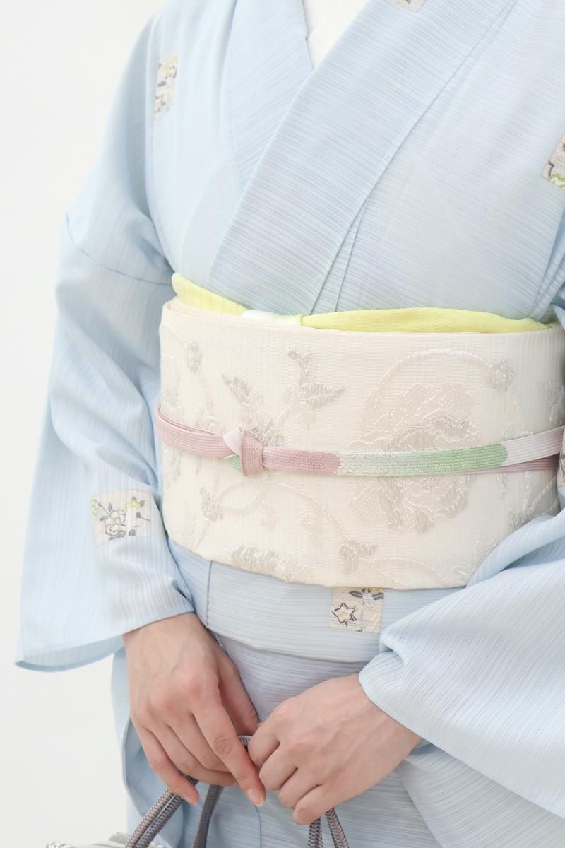27日迄！再値下げ！極美品★ 洛陽織物 ★西陣織★紗袋帯★証紙付き 銀座【L-7737】西陣 洛陽織物製 洒落袋帯 ベージュ系 彩格子文