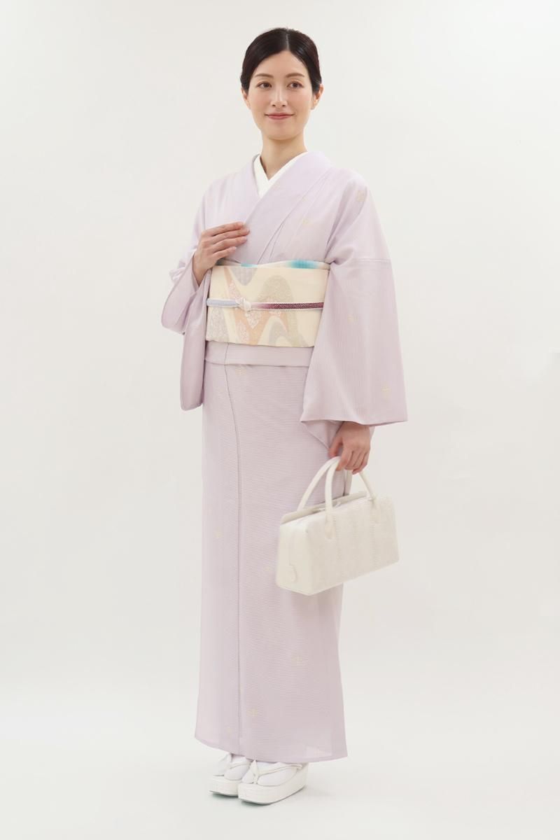 小紋 銀彩 紋意匠 全体柄 菊 グラデーション 正絹 反物 銀座【D-3821】絽 小紋 淡いライラック色 松菱文（反端付）（N