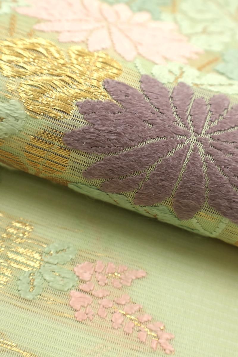 銀座【L-8236】西陣 河合美術織物製 絽 袋帯 ねこやなぎ色 秋草