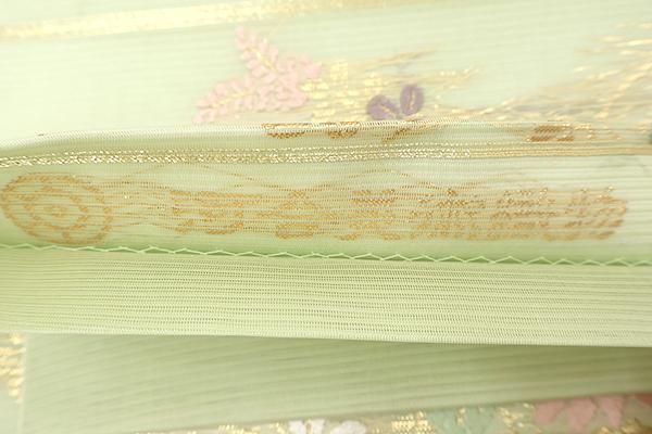 銀座【L-8236】西陣 河合美術織物製 絽 袋帯 ねこやなぎ色 秋草