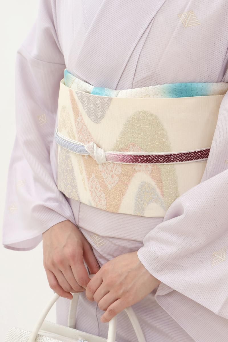 夏帯 袋帯 絽 流水模様 銀糸 白練色 O-5003 涼やかな華やぎを足せる】夏帯 袋帯 絽 正絹 お太鼓柄 金糸銀糸 観世水