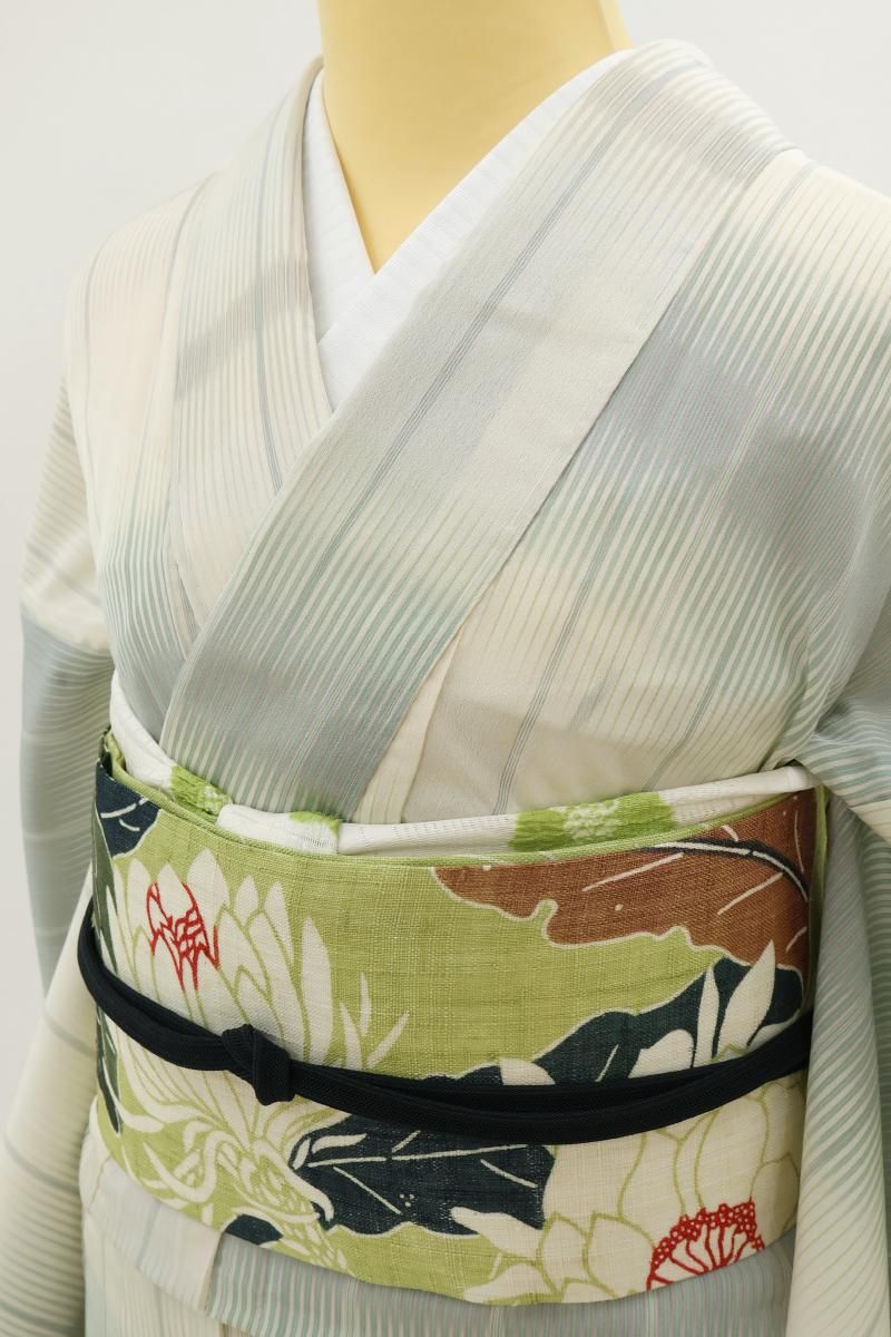 銀座【A-4109】明石縮 乳白色 横段暈かしに竪縞（証紙付） :身丈