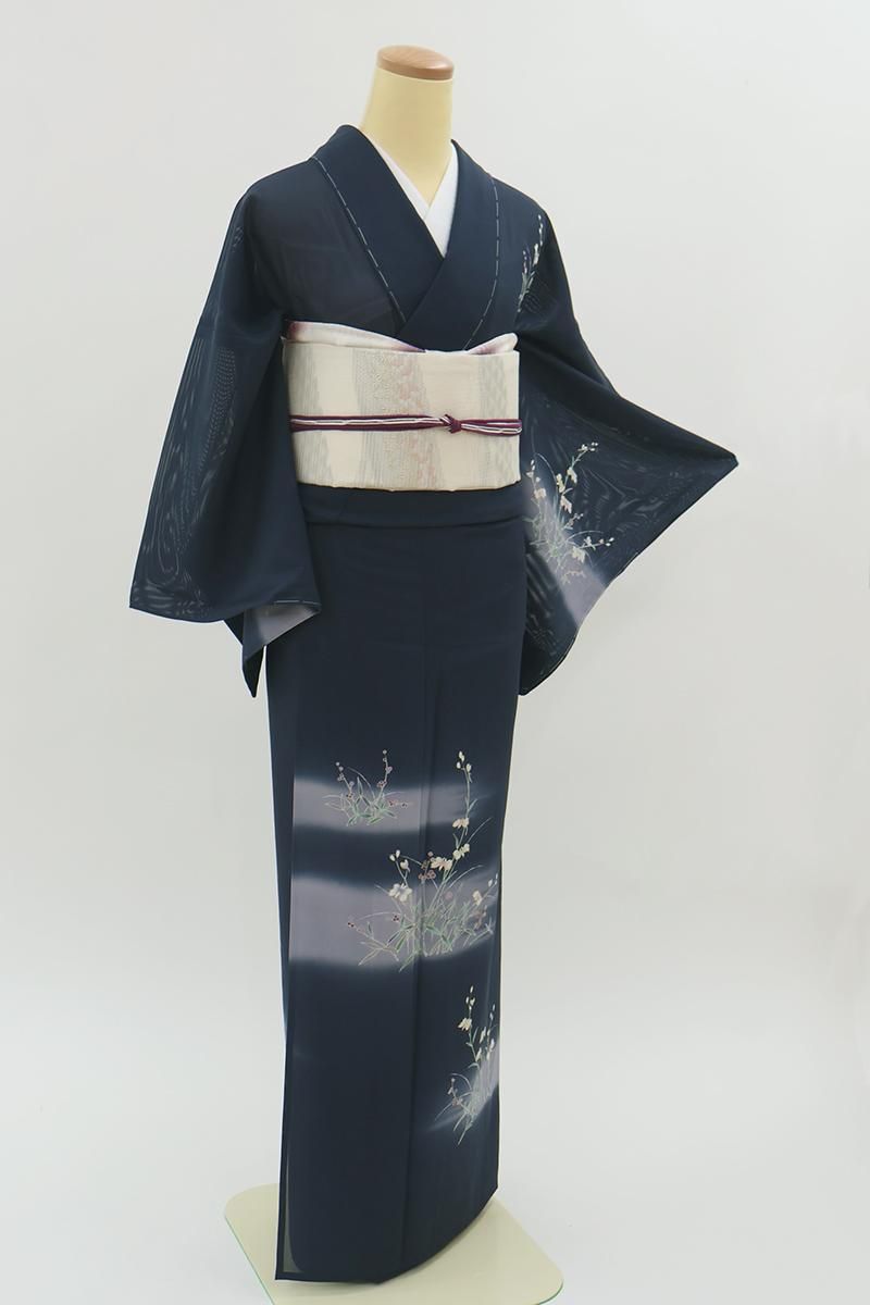 A9 夏物 格子模様 ブラウン 化繊 薄物 夏用 絽 紗 小紋 着物 08