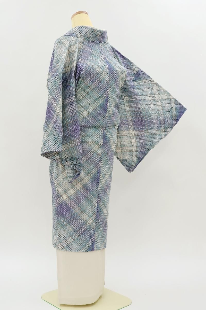 あおき【E-2257】三軸組織 薄物 道中着 藍白色×楝色 斜め格子（反端付