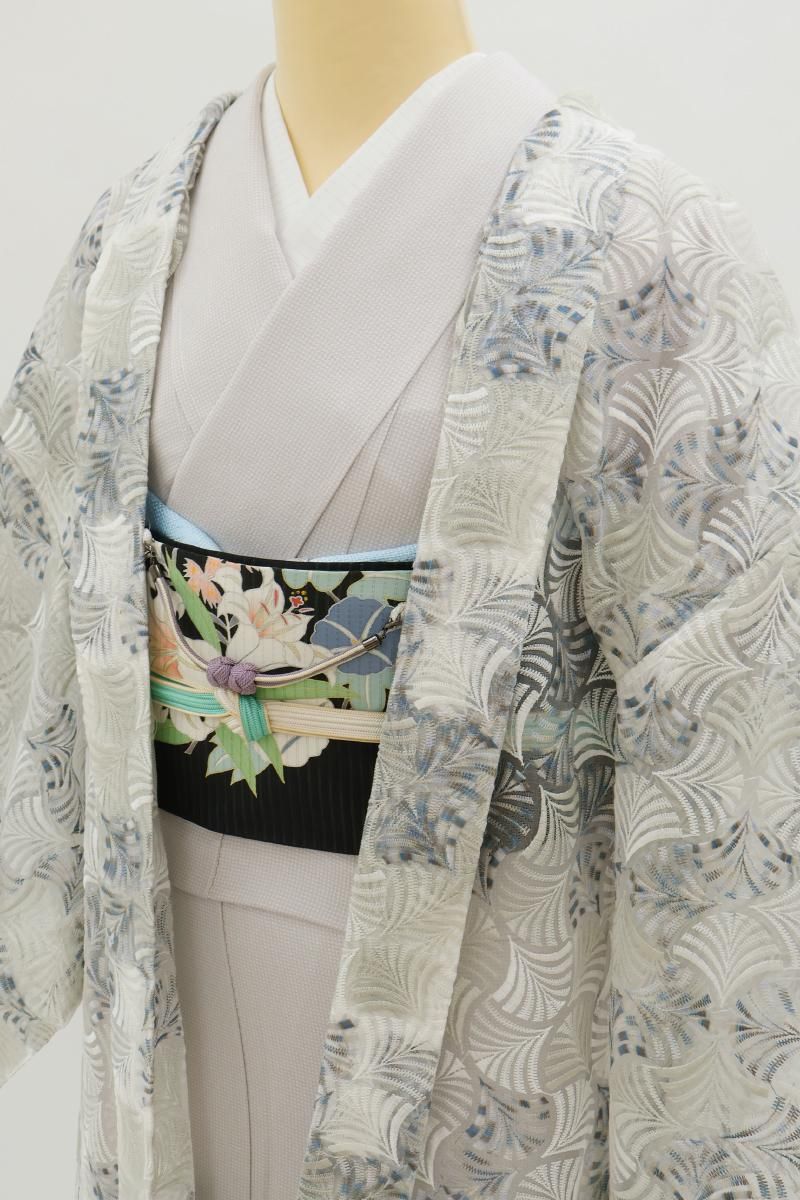 【新品】&エルシー　　マグノリア羽織 銀座【E-2263】シルクオーガンジー 刺繍 羽織 灰白色 抽象文（N