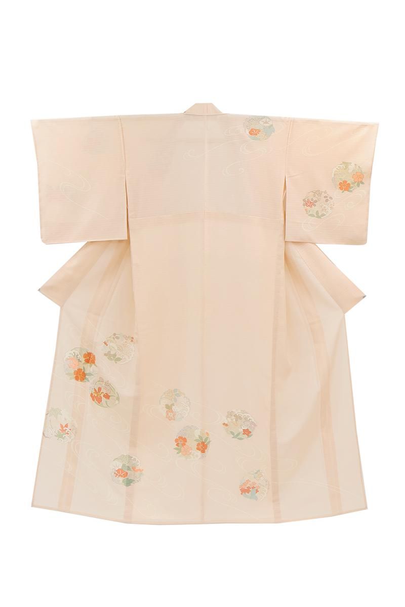 銀座【B-4152】変わり絽 訪問着 シェルピンク 流水に四季花の丸（反端