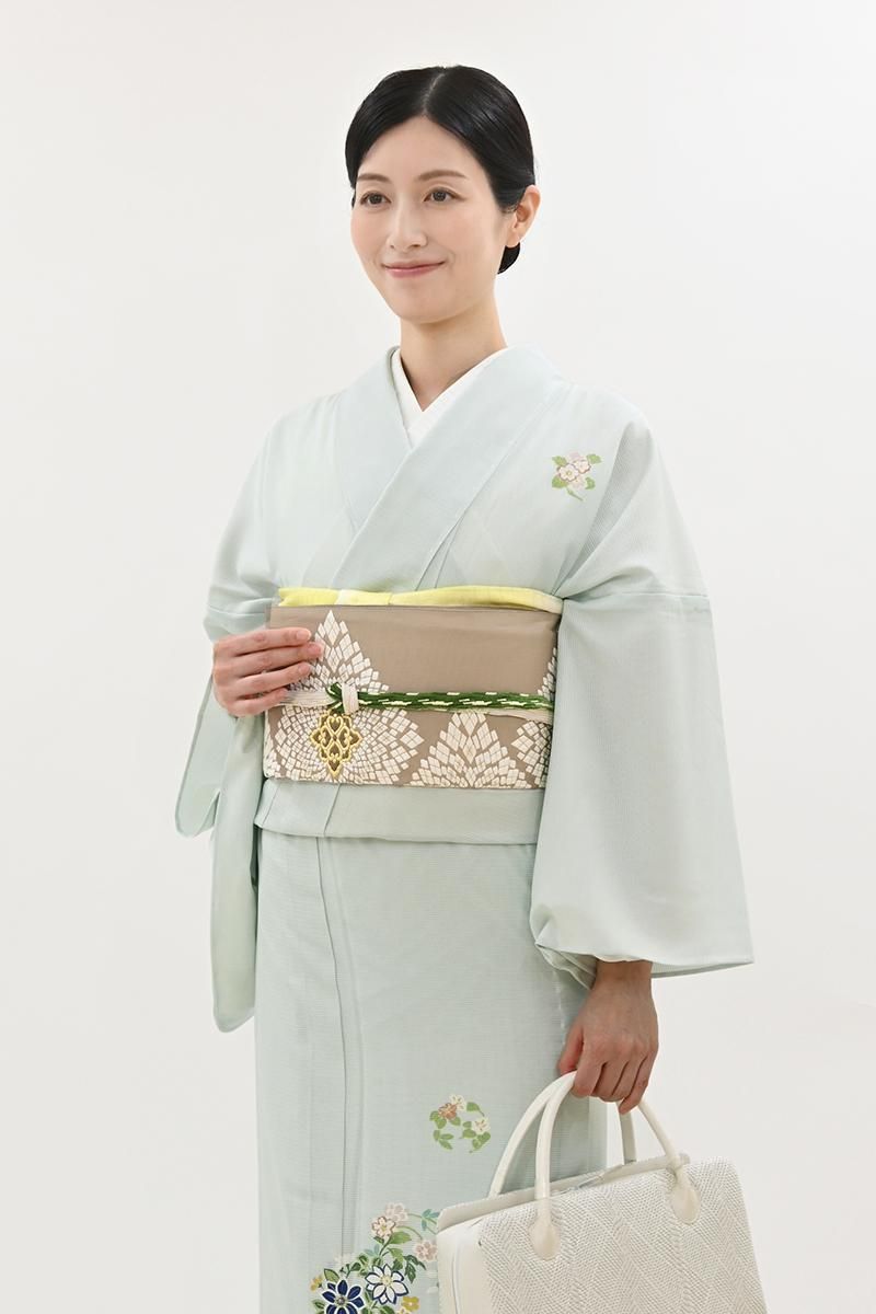 銀座【L-8269】西陣 河合康幸製 夏 袋帯 白茶色 菱文（落款入