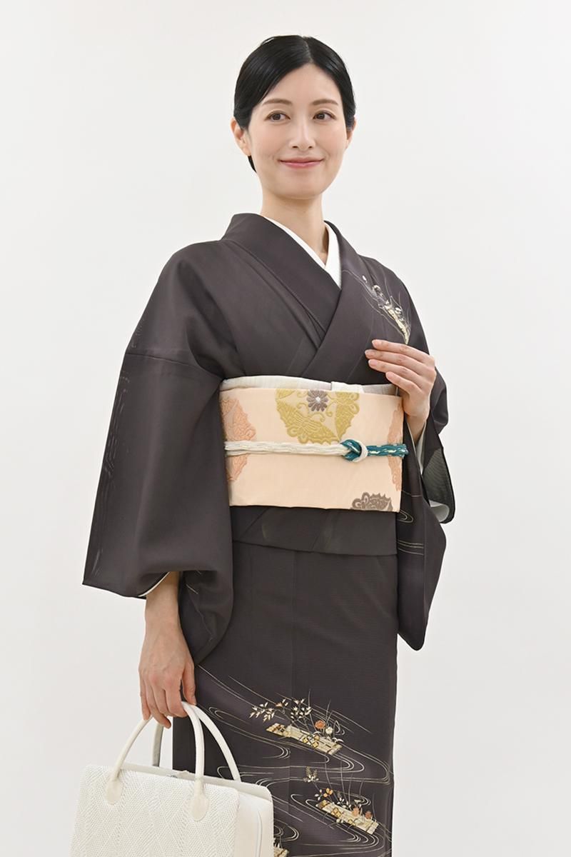 あおき【L-8270】紗 袋帯 赤白橡色 三つ蝶に菊文（銀座越後屋