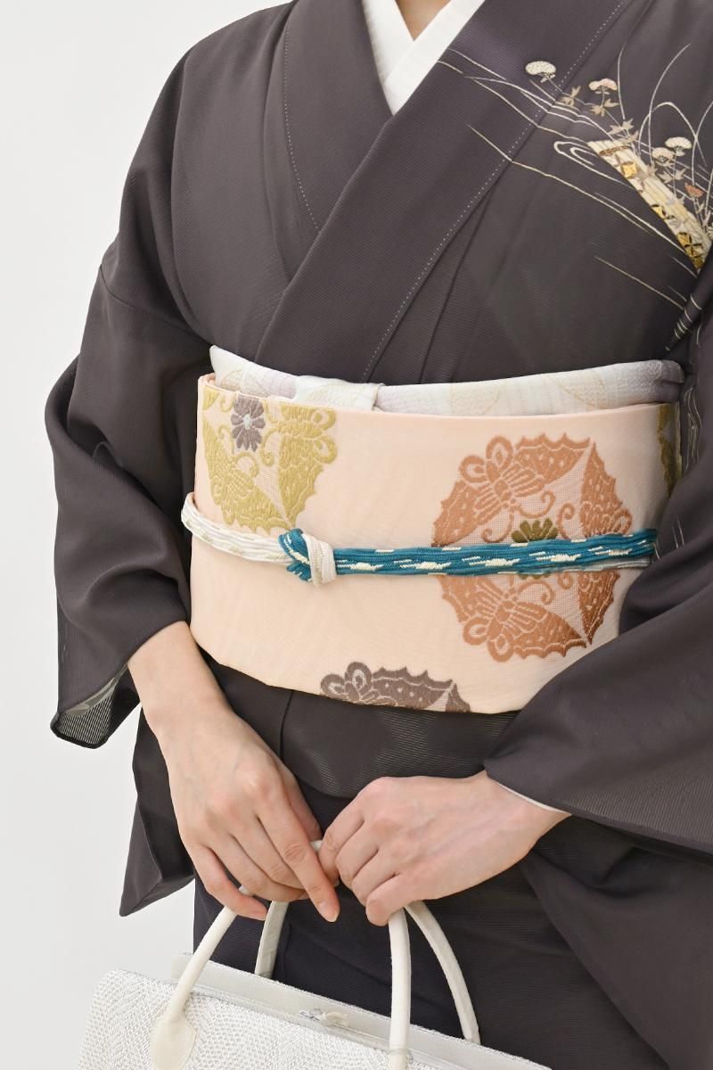 あおき【L-8270】紗 袋帯 赤白橡色 三つ蝶に菊文（銀座越後屋