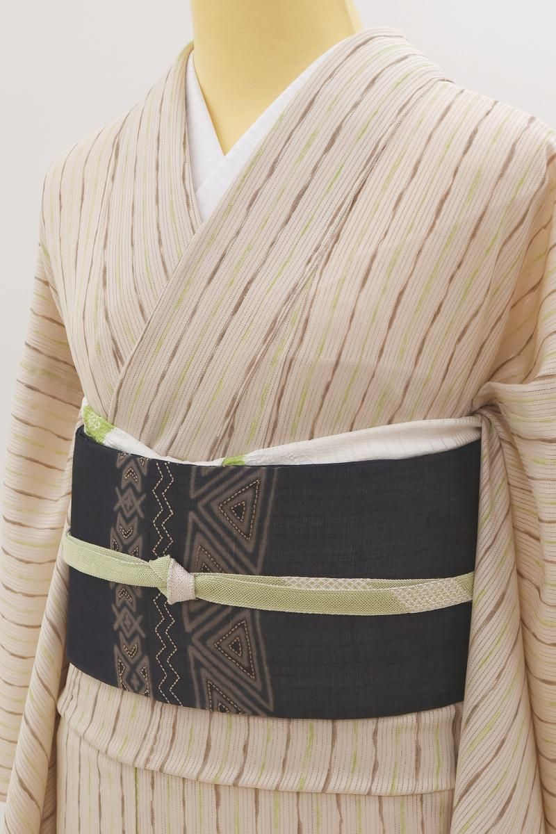 名古屋帯 紬 汕頭刺繍 相良刺繍 鳥と花模様 青丹色 O-4278