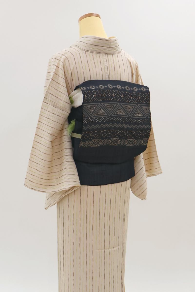 レビュー高評価の商品 刺繍 銀座【H-0566】紗紬地 名古屋帯 銀座きもの - 幾何文 黒色 着物・浴衣