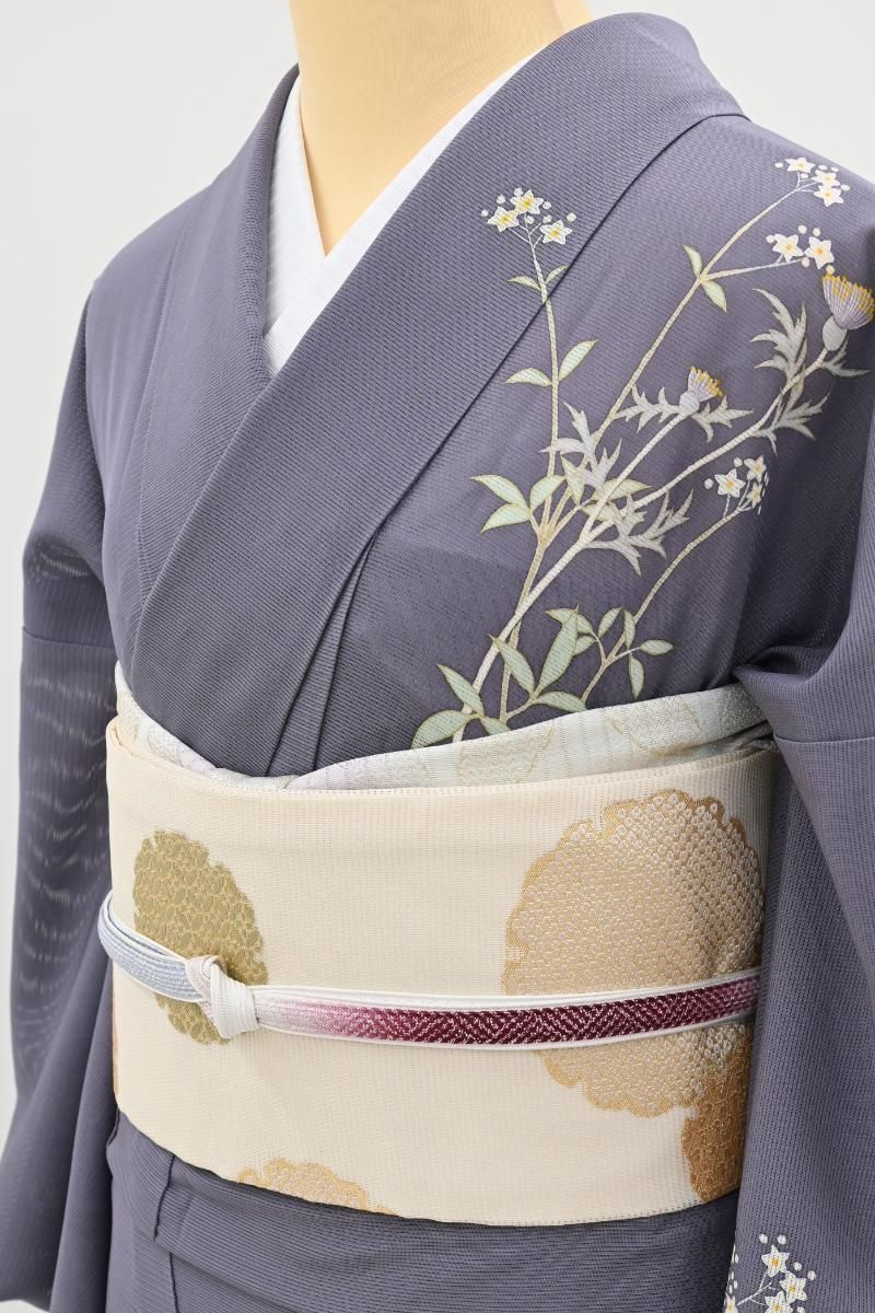 銀座【H-0574】西陣製 絽 織名古屋帯 乳白色 雪輪文（証紙付