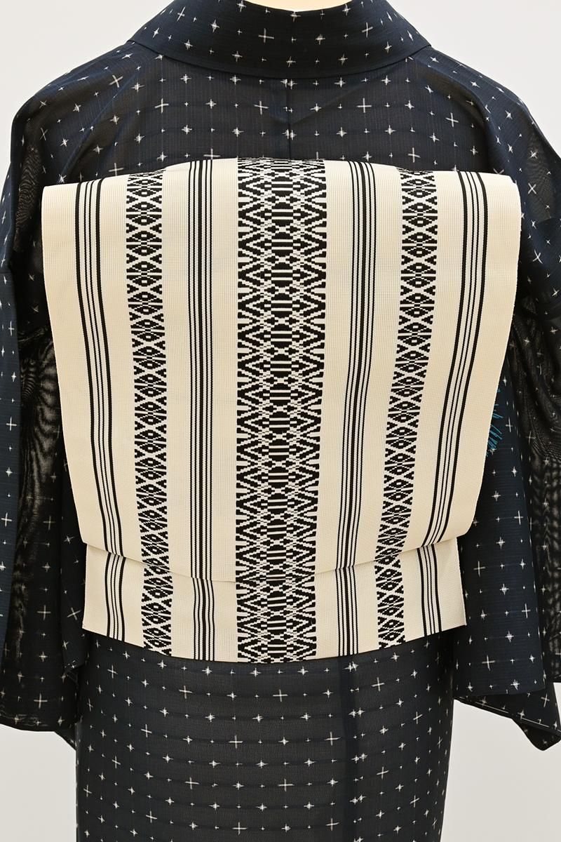 夏帯 名古屋帯 絽綴れ 正絹 新品 仕立て上がり アイボリー 横縞
