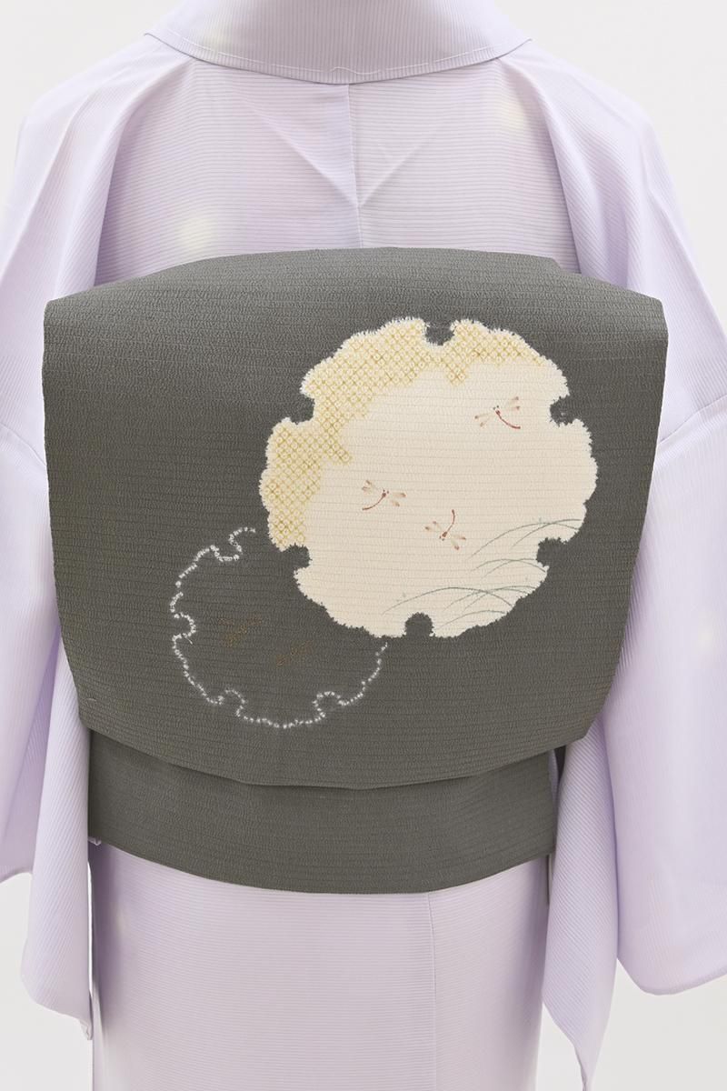 銀座【H-0580】絽縮緬 染名古屋帯 素鼠色 雪輪に蜻蛉の図 - 銀座