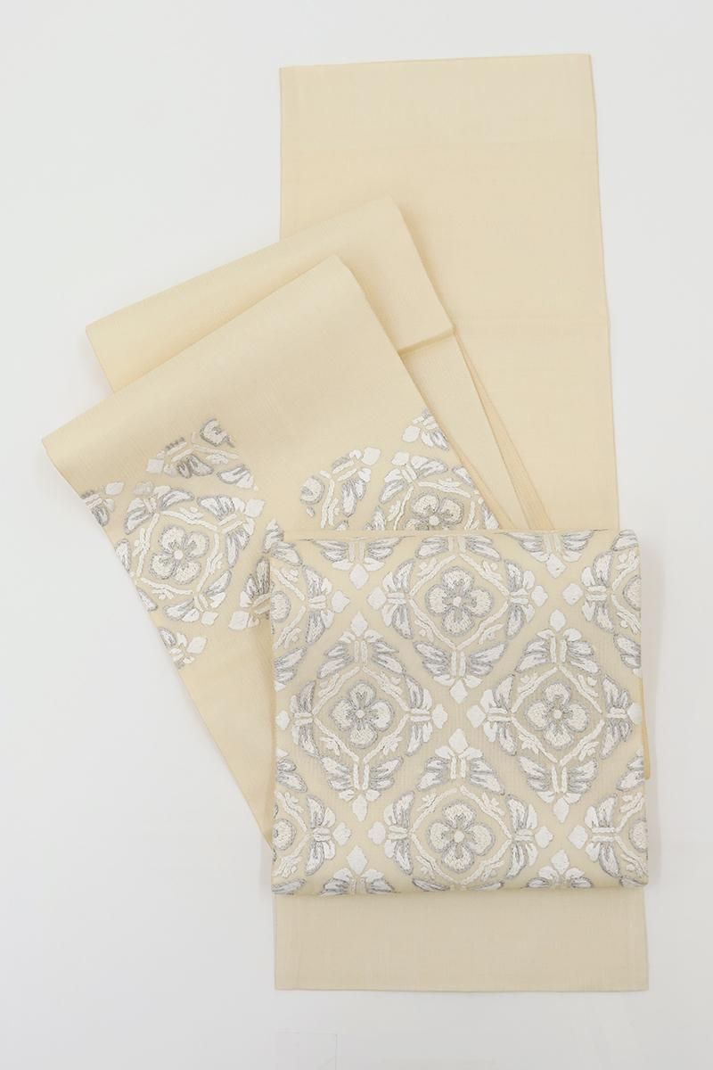 袋帯　夏帯　クリーム　波　洒落袋帯 銀座【L-8288】夏 刺繍 洒落袋帯 クリーム色 菱に花文 - 銀座きもの